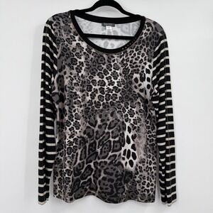 Dolcezza Top Shirt Womens Large Gray Animal Print Studded Long Sleeve Relaxed